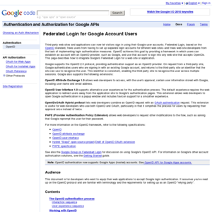 Federated Login for Google Account Users - Authentication and Authorization for Google APIs - Google Code